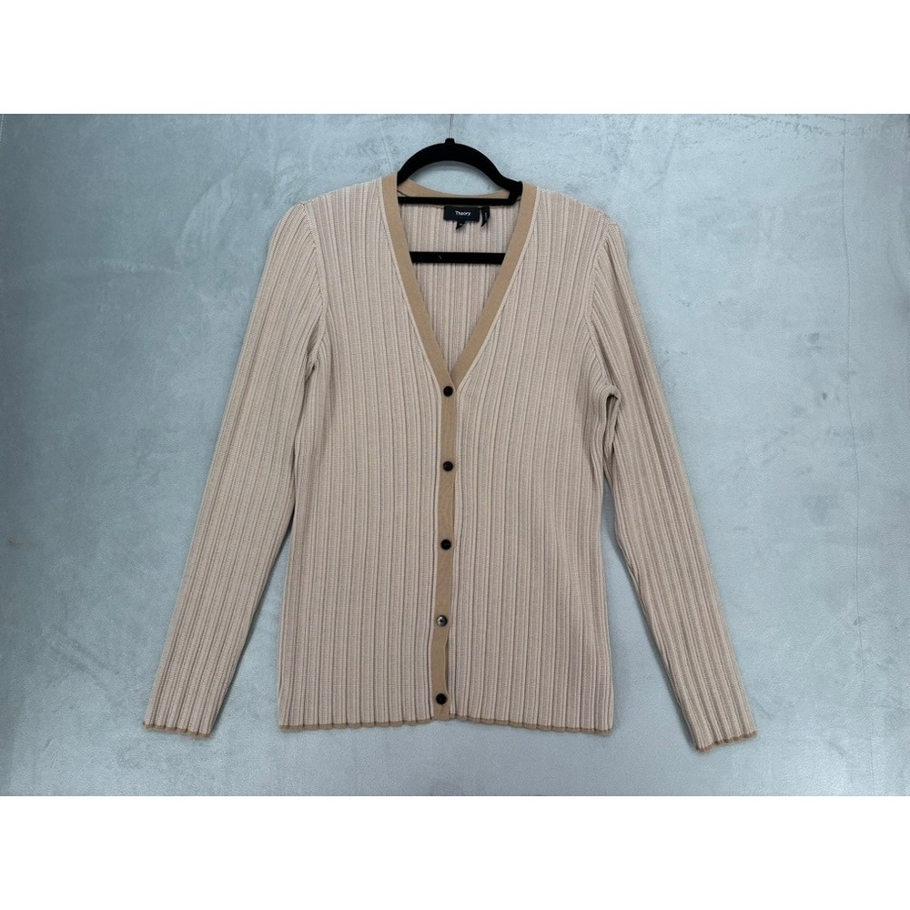 Theory Ribbed V Cardi Nola Tan Beige Button Front Cardigan XL M076709R